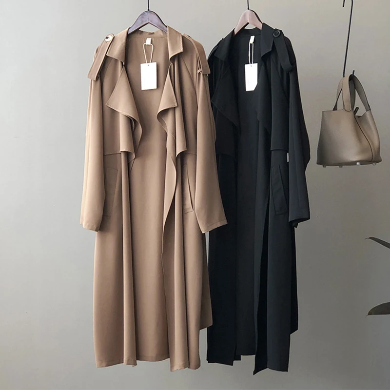 Женская Длинная ветровка с отложным воротником однотонная свободная офисная