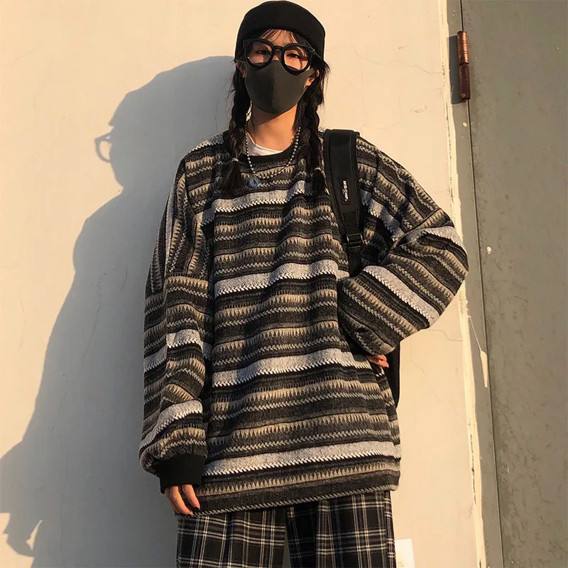 

Women Pullovers Oversize Ulzzang BF Unisex Couples Japanese Striped Knit Sweater Hip Hop Female New Winter Retro Daily