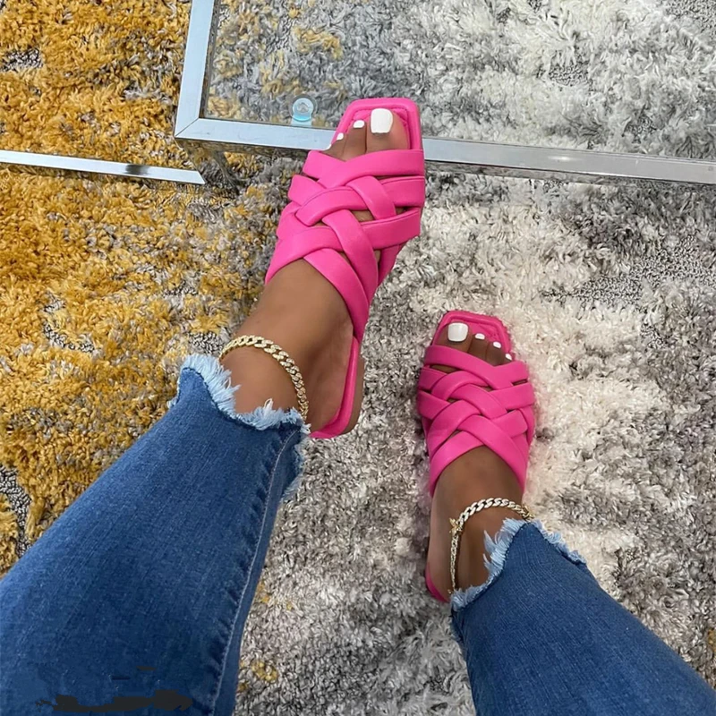 

New Women Summer Flat Slippers Cross Shoes Open Toe Roman Beach Sandals Ladies Sexy Square Head Non-slip Slides Large Size 35~43