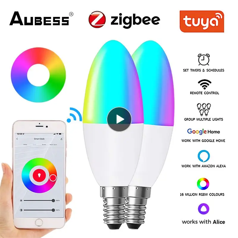 

5w Candle Light Bulbs Tuya Zigbee Rgbcw Zigbee Smart Lamp Voice Control Dimmable Smart Home E14 Led Bulb Smart Light Bulb