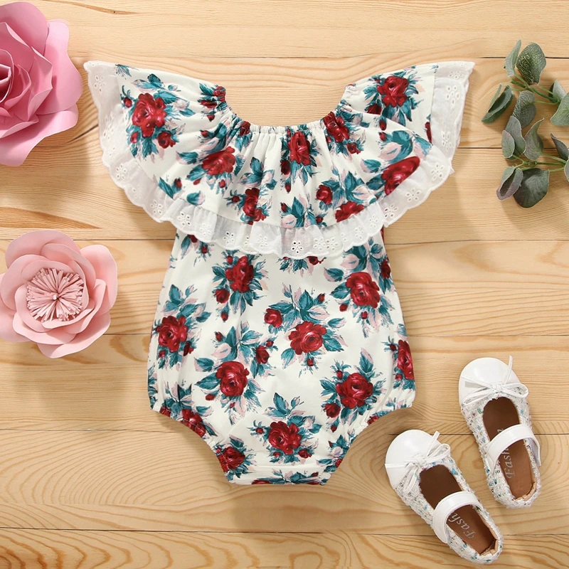 

Infant Baby Girl Summer Jumpsuit Flower Print Sleeveless Off Shoulder Ruffled Lace Trim Rompers 0-18 Months