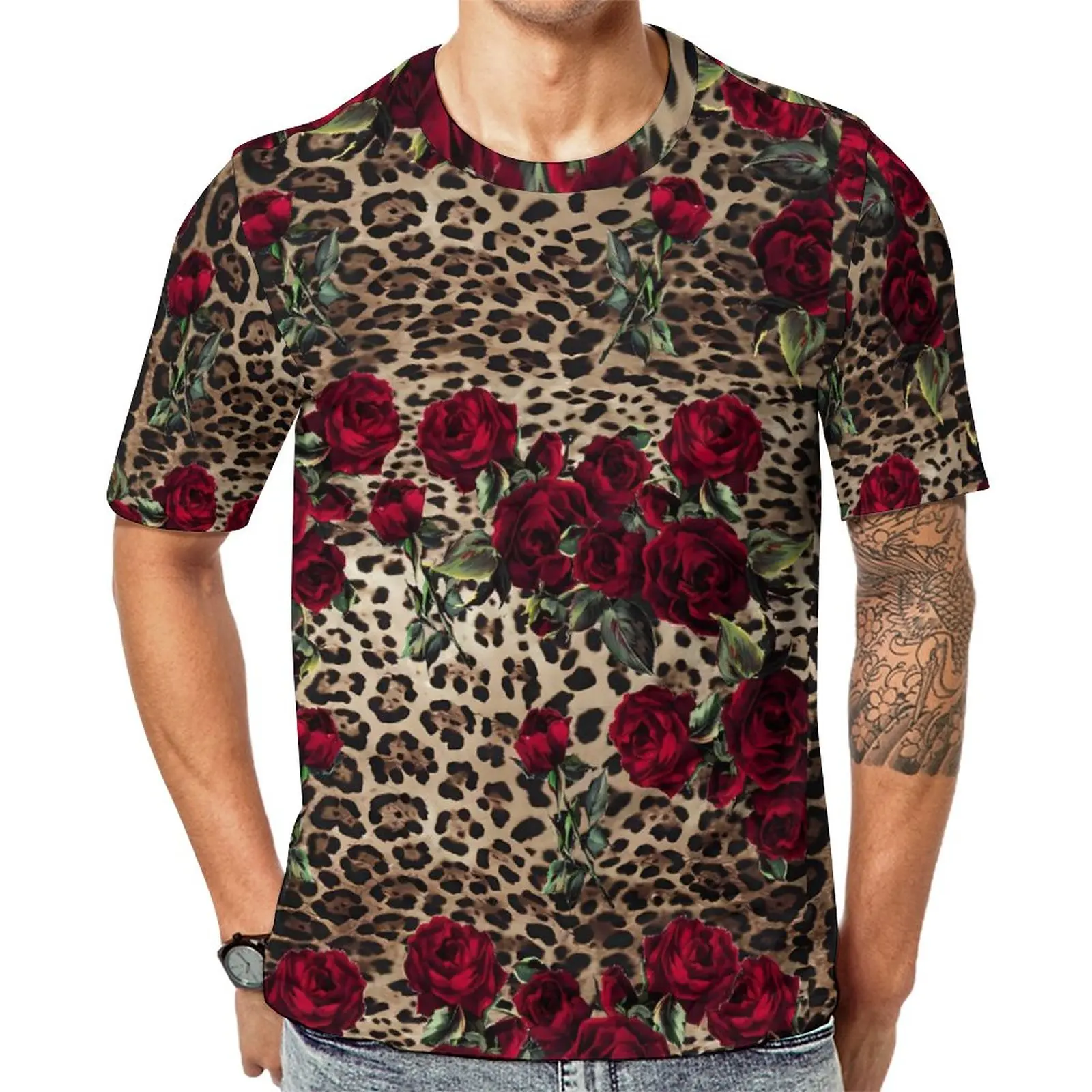 

Floral Leopard Print T Shirt Man Red Roses Y2K T Shirts Summer Retro Tee Shirt Short Sleeves Custom Oversize Tops