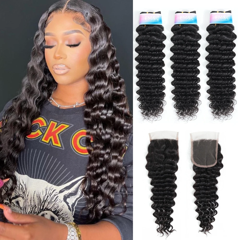 

Indian Deep wave Hair Bundles With Closure Cheap Human Hair Bundles With Closure 3/4 Bundles With Closure Fast Shipping