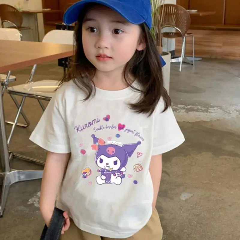 

Kawaii Sanrio Anime Hobby Kuromi Summer Children's Cotton Thin Short-Sleeved T-Shirt Printed Round Neck Top Gift for Girlfriend