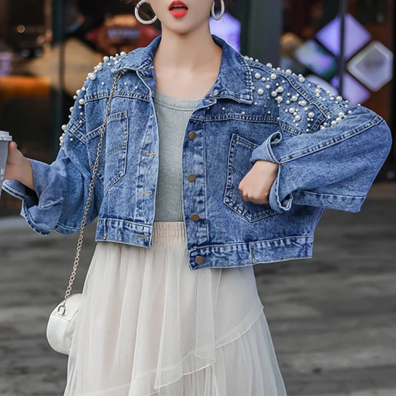 

Women's Fashion Denim Jacket Loose Short Jacket 2022 Spring and Autumn Street Independent Aesthetics Lapel Beaded Denim Jacket