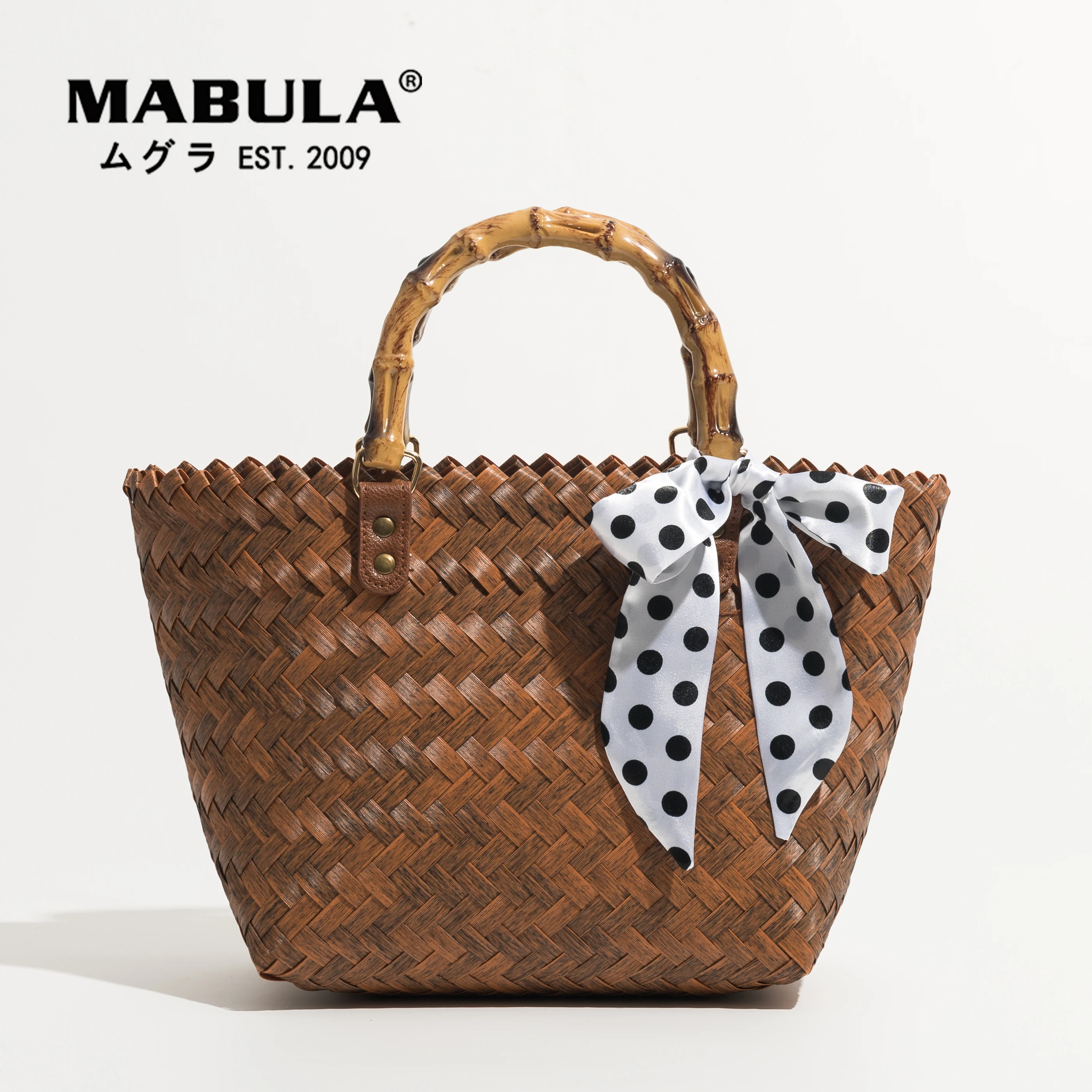 

MABULA Bamboo Vintage Women Straw Bags Large Capacity Casual Bucket Totes High Quality Handwoven Top Handle Handbag