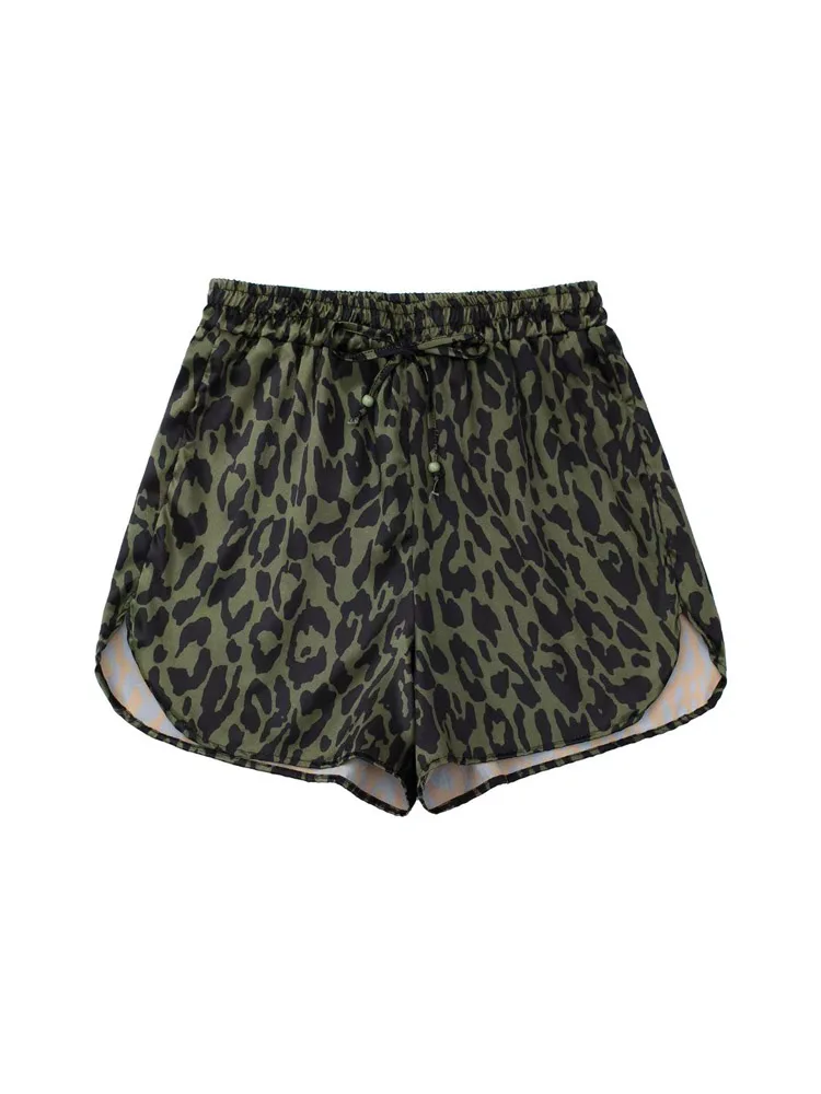 

2022 Summer Women Loose Shorts Fashion Print Satin Elastic waist Drawstring Bow Tie Female Street Shorts Clothing