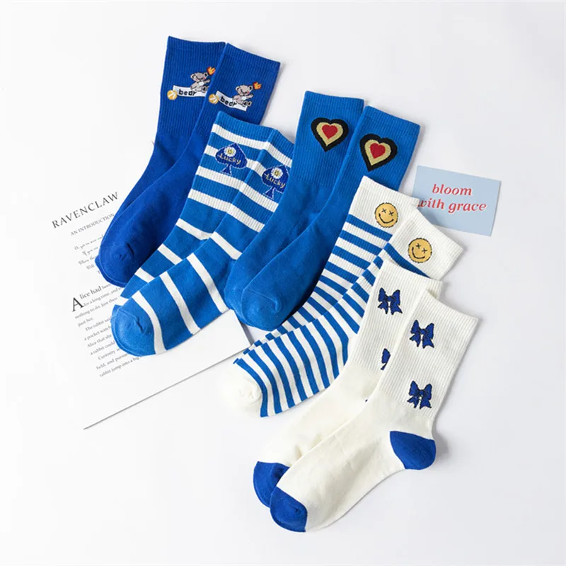 5Pairs Cotton Women Socks Striped Smiling Face Trendy Sock Spring and Autumn Women's Casual Socks Street Skateboard Pile Sock