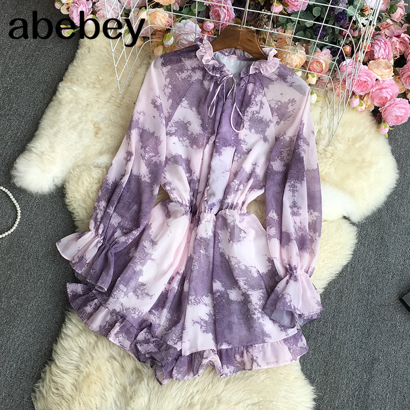

2022 New Spring Autumn Fashion stand collar long sleeve Rompers Ruffles tie dyed printed high waist casual wide leg Rompers