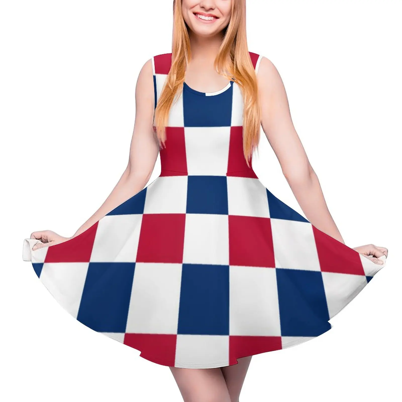 

American USA Flag Dress Sleeveless Red White Blue Checkerboard Simple Dresses Summer Womens Big Size Vintage Printed Skate Dress