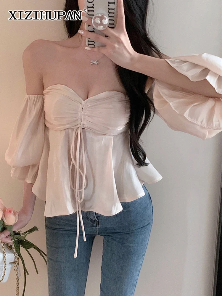 

XIZIHUPAN Korean Fashion Blouses For Women Slash Neck Long Flare Sleeve Pacthwork Folds Sexy Shirts Female 2022 Spring Clothing