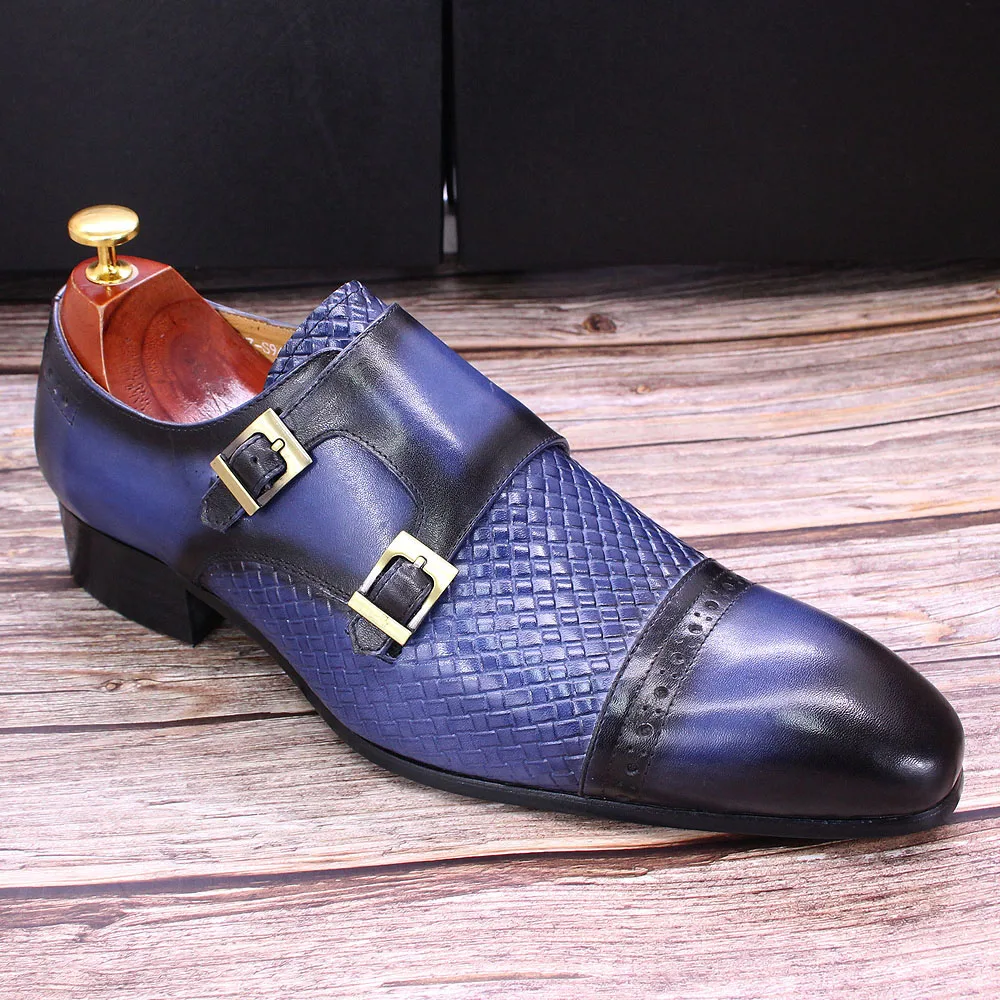 Genuine Leather Double Buckle Monk Strap Cap Toe Blue Wedding Business Formal Suit Shoes