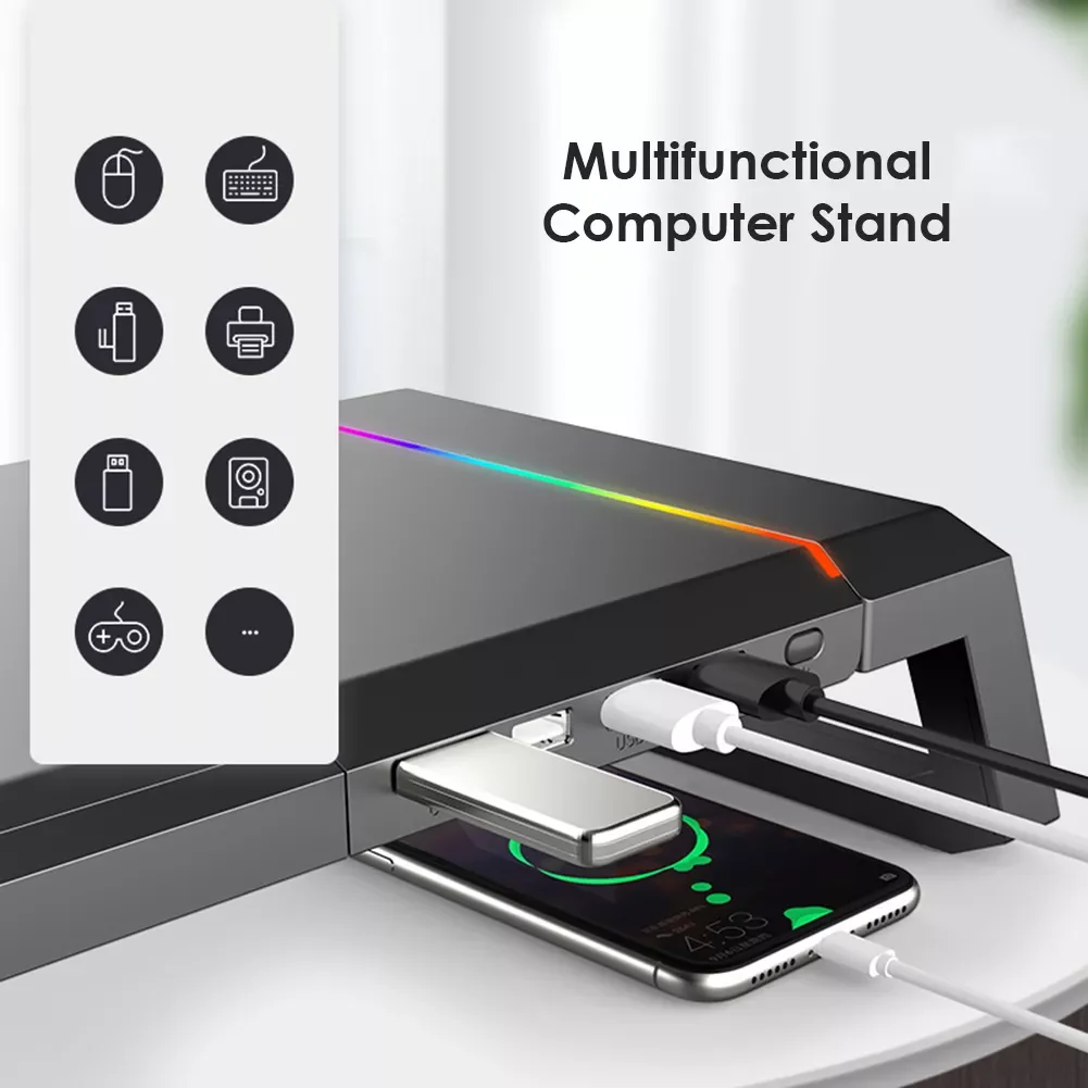 

RGB Monitor Stand 4 USB 2.0 Charging Desk Organizer Bracket Computer Monitor Holder Keyboard Riser подставка для н