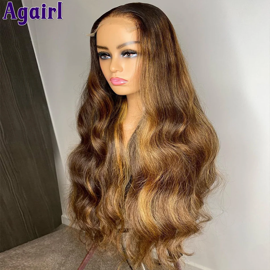 

Highlight Honey Brown 13X6 Body Wave Lace Frontal Wig Perivian Human Hair Lace Front Wigs for Women 180% Density Pre Plucked