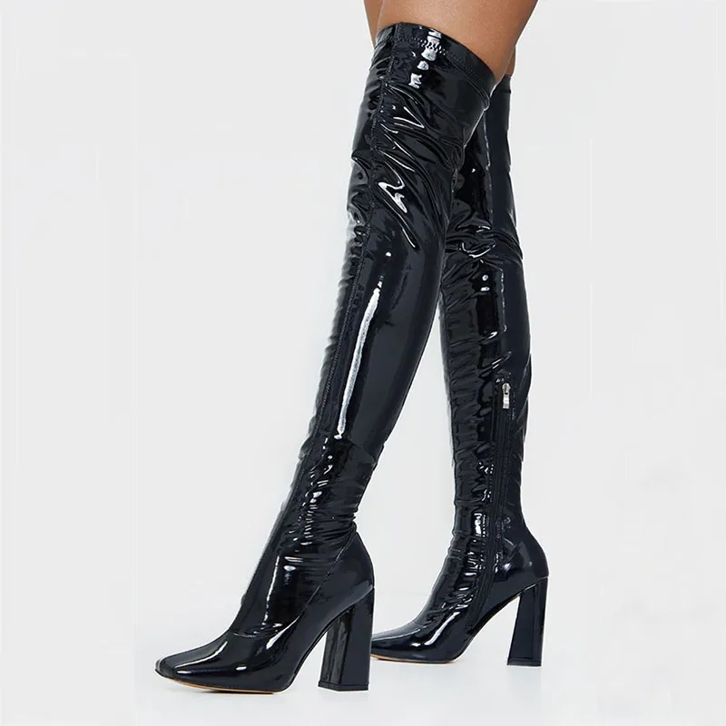 

Arden Furtado 2022 Four Seasons Woman's Thigh high boots Patent Leather Square toe Side zipper Chunky heels Fashion boots