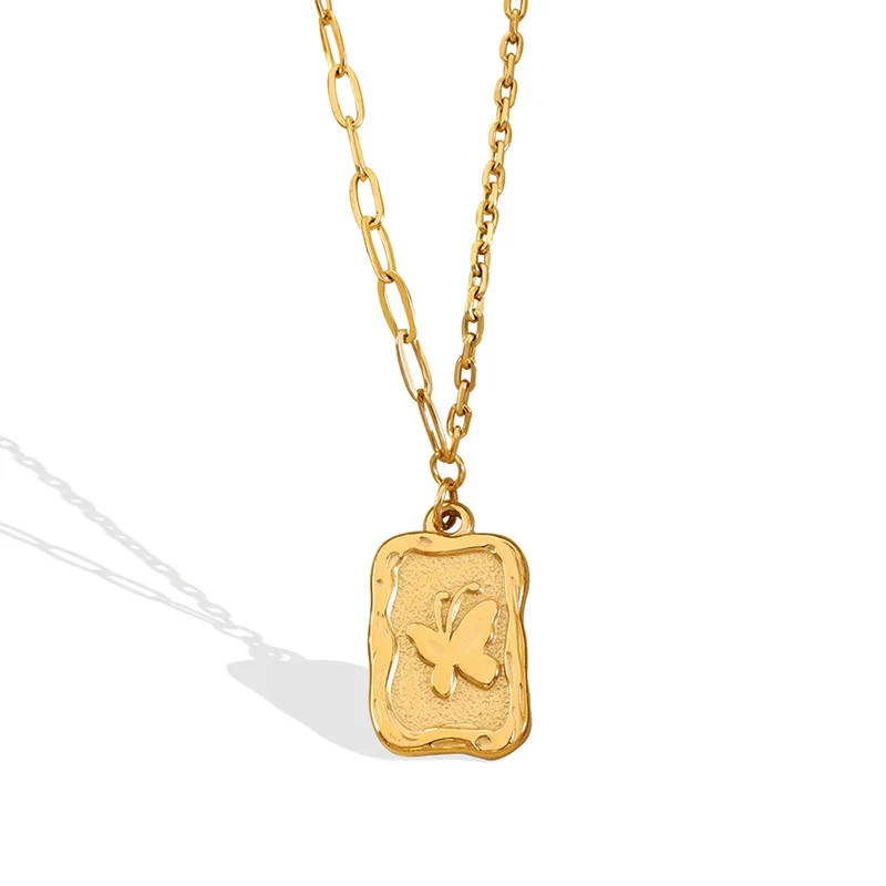 

Retro Fashion Luxury Square Card Embossed Butterfly Stainless Steel Necklace for Women 18K Gold Plated Charm Chic Gift Jewelry
