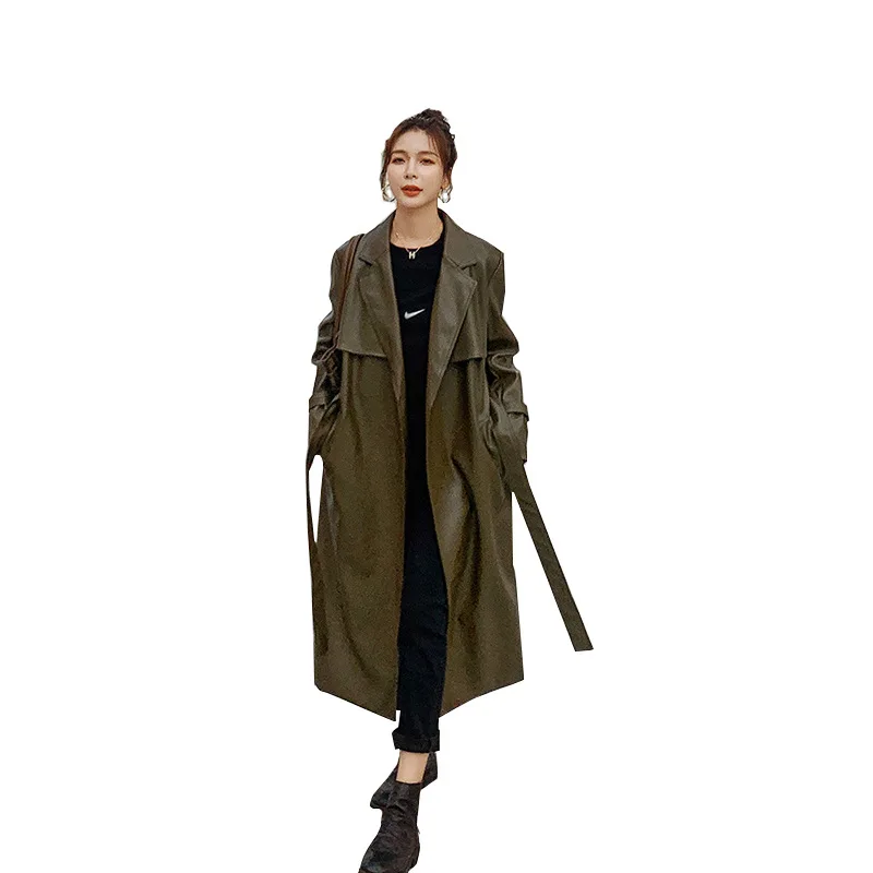 2022 Roupa De Frio Femininalong Army Green Goddess Windbreaker Fashion Autumn and Winter Hong Kong Style Leather Jacket Women enlarge