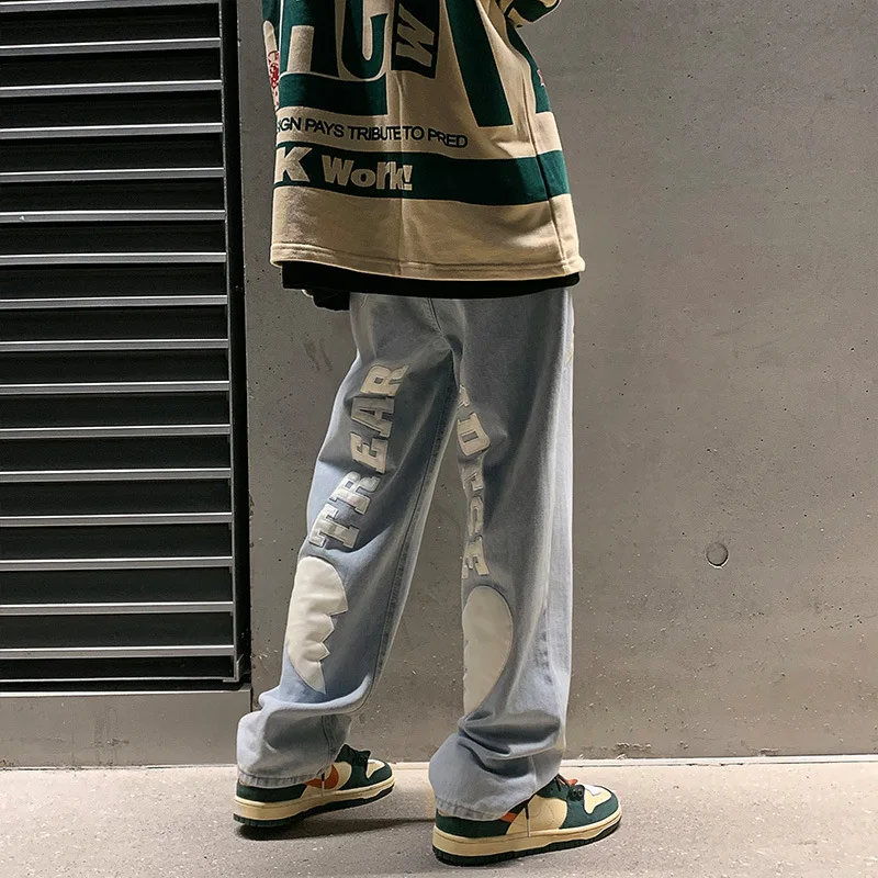 Emo Men Harajuku Letter Embroidery Streetwear Alt Jeans Hip Hop Wide Leg Baggy Denim Pants Grunge Low Waist Trousers Y2k Clothes