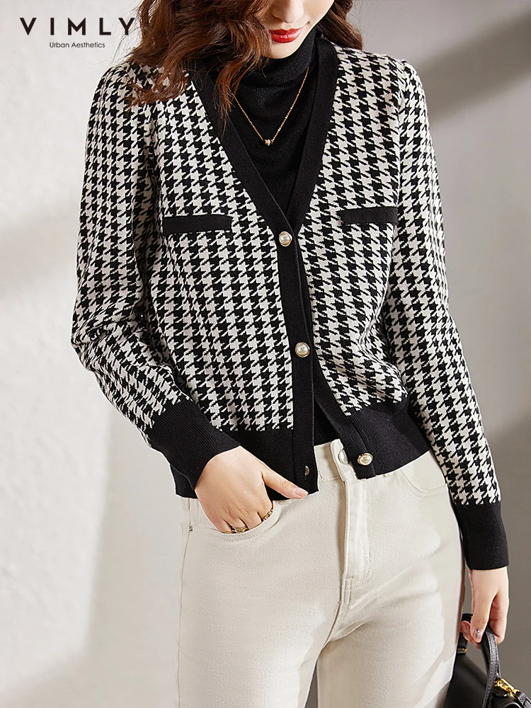 

Vimly Women Cardigan Autumn 2022 Fashion Long Sleeve Plaid Button Knitted Coat Elegant Clothes Outwear Female Sweater Tops F9307