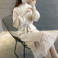 new knitted dresses autumn beaded belt high collar solid color elegant loose mid length thin cashmere sweater dress knitwear