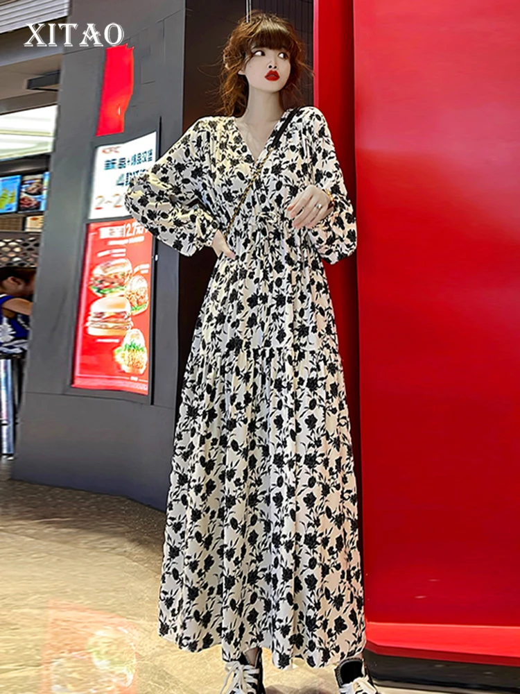 

XITAO Print Dress V-neck Pullover Long Style Elegant Loose Korea 2022 Winter New Arrival Fashion Goddess Fan Dress FBB1580