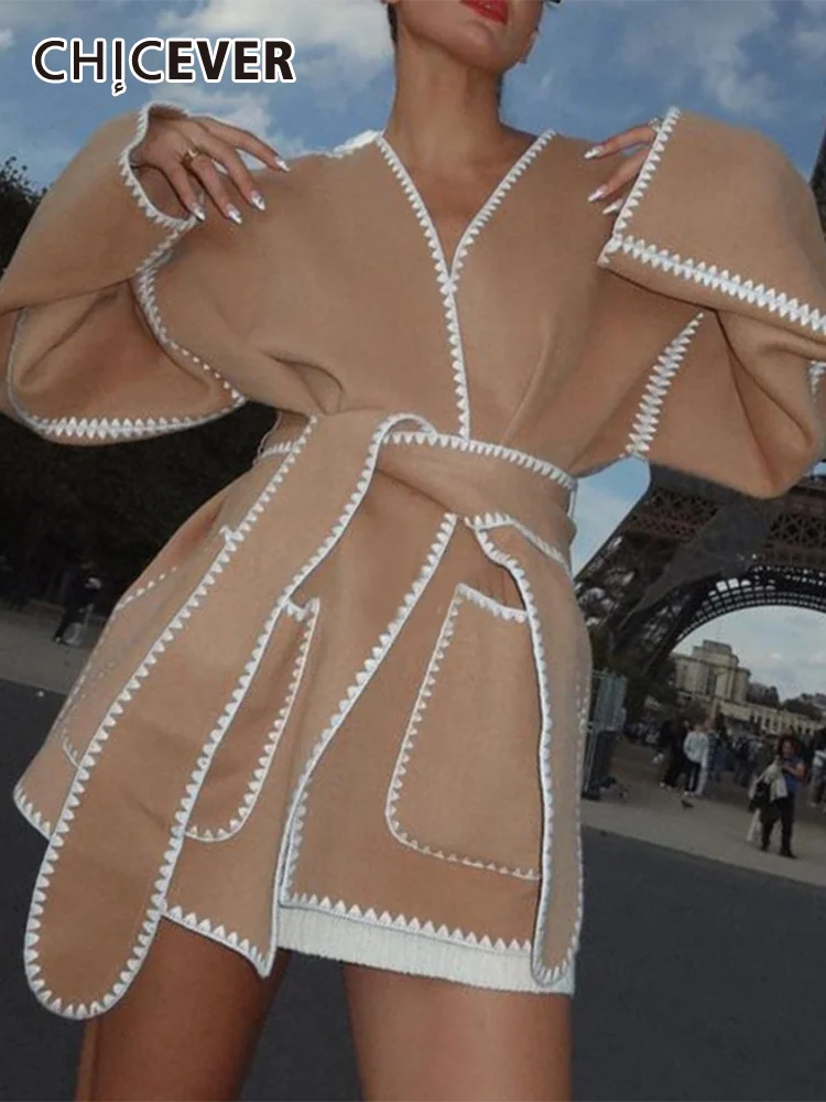 

CHICEVER Colorblock темпераментные пальто для женщин с v-образным вырезом и расклешенными рукавами в стиле пэчворк на шнуровке Осенняя Минималистичная Свободная куртка Женская Новинка