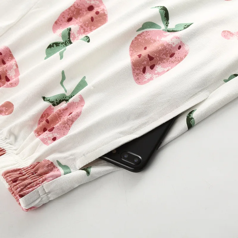 Qweek Strawberry Print Pajamas Cotton Two Piece Set Summer Pyjamas Women's Home Clothes Lounge Wear Sleepwear Homewear Pijamas