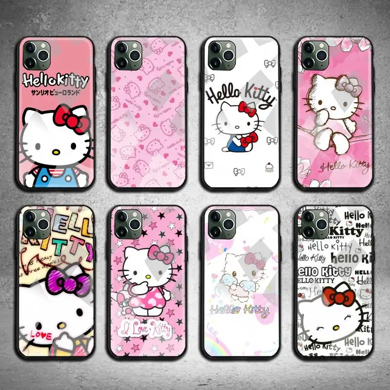 

Cute Cartoon Hello Kitty Phone Case Tempered Glass For iPhone 13 12 11 Pro Mini XR XS MAX 8 X 7 6S 6 Plus SE 2020 cover