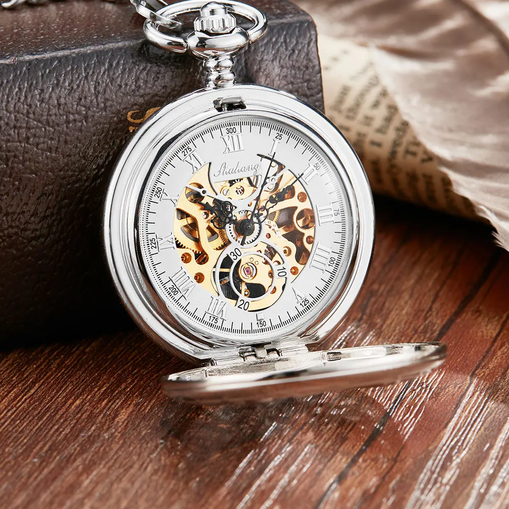Vintage Golden Angel Double Wings Mehanical Pocket Watch FOB Chain Hollow Skeleton Hand Wind Mechanical Mens Womens Watch