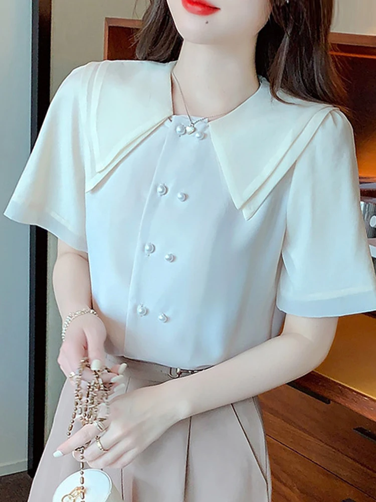 Summer New Short Sleeve Blouse Women Apricot Blouse Shirt Women Tops Blusas Mujer De Moda 2023 Verano Blouses Shirts Blusa G437