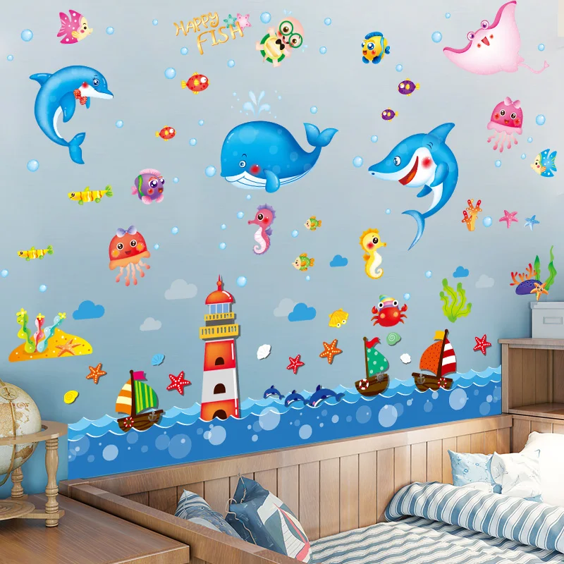 

Cartoon Fish Wall Stickers DIY Lighthouse Boats Mural Decals for Kids Rooms Baby Bedroom Kindergarten Nursery Home Decoration