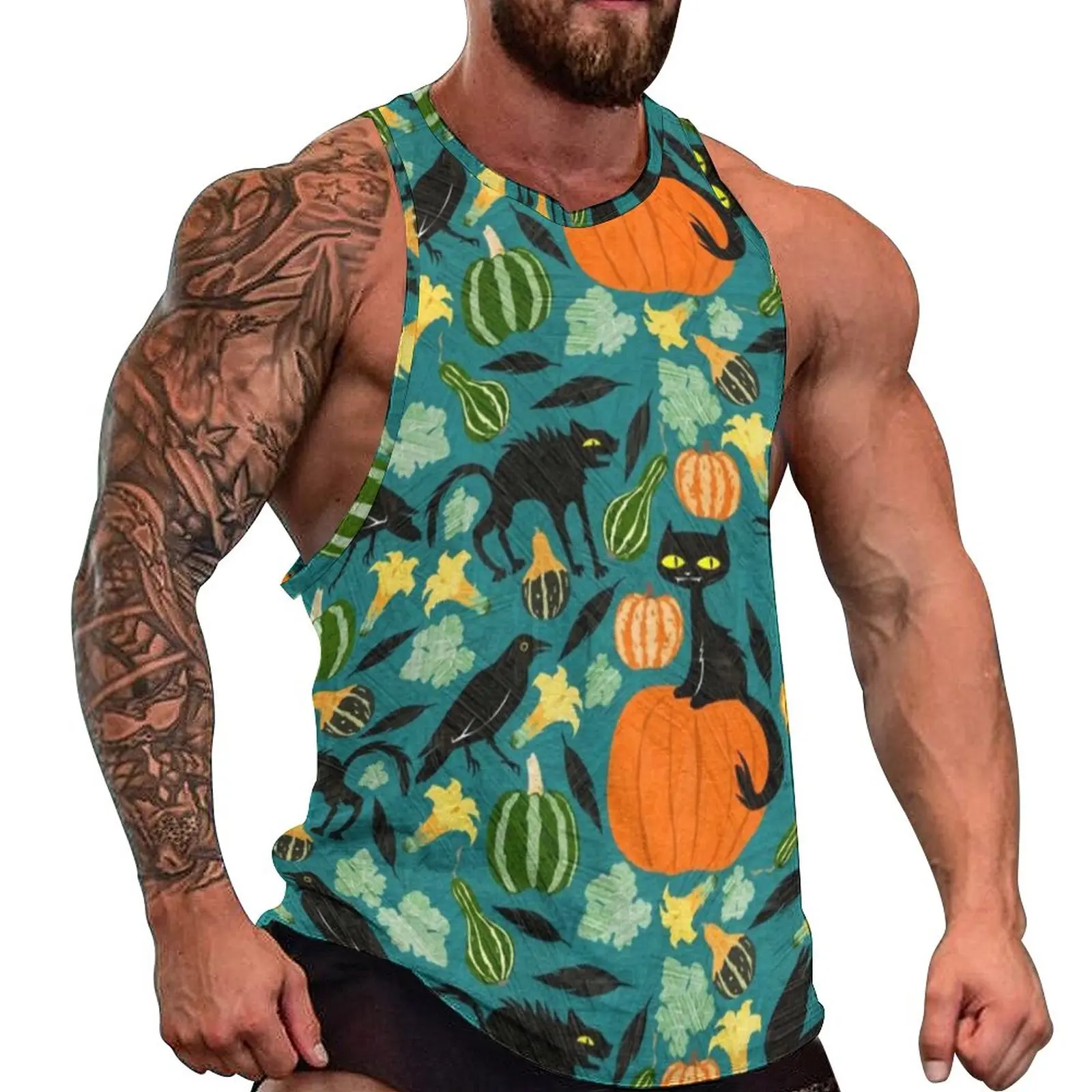 

Horror Halloween Tank Top Man's Pumpkin Crows And Cats Bodybuilding Oversized Tops Summer Sportswear Design Sleeveless Vests