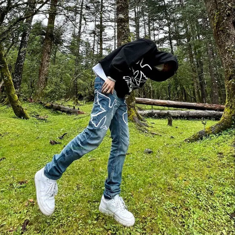 Jeans High Street Retro Embroidered Washed Trousers Men and Women Niche Hip Hop Y2k Street Trend American Straight Casual Jeans