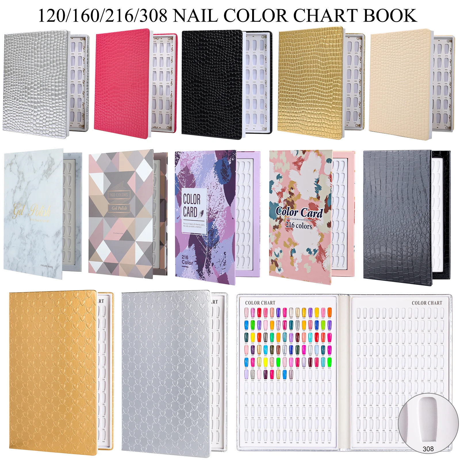 

Book Gel Shelf Board Display Polish Showing Card Polish 120/160/240/308 Color Nail Chart Nail Tips For Book Salon Display Swatch