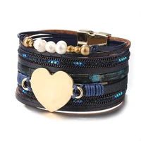 wholesale gift hot leather bracelet bangle fashion heart womens fashion pearl jewelry alloy bohemian ornament