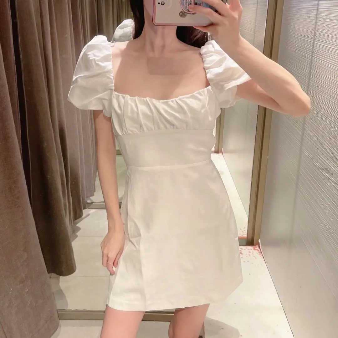 

2022 Summer Square Neck Short Sleeve Backless White Skims Dress