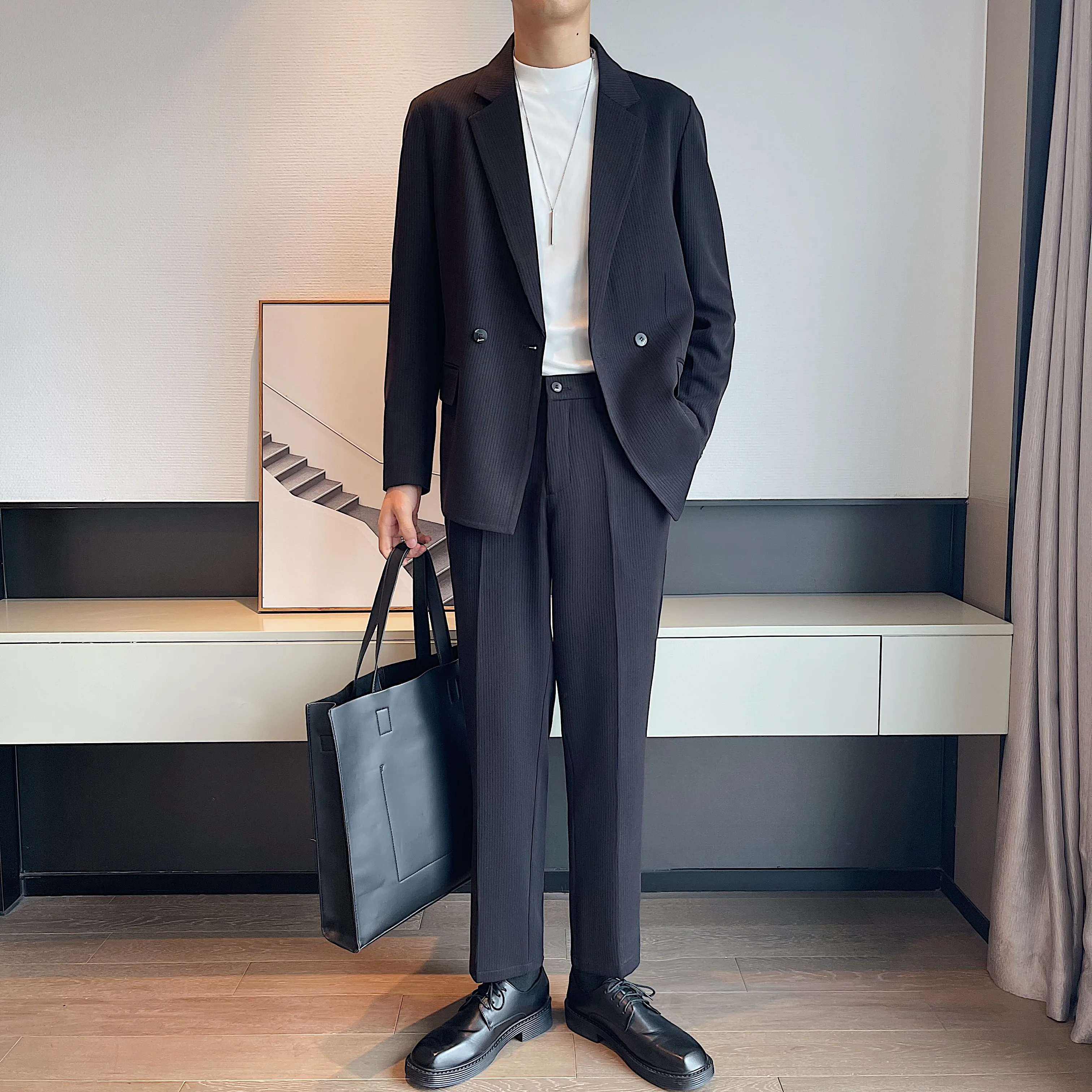 

Stripe Suits Sets Men Loose Casual Suit Coat Blazer Pant Streetwear Office Fashion Suit Jacket Trousers Man Dress Wedding Suits