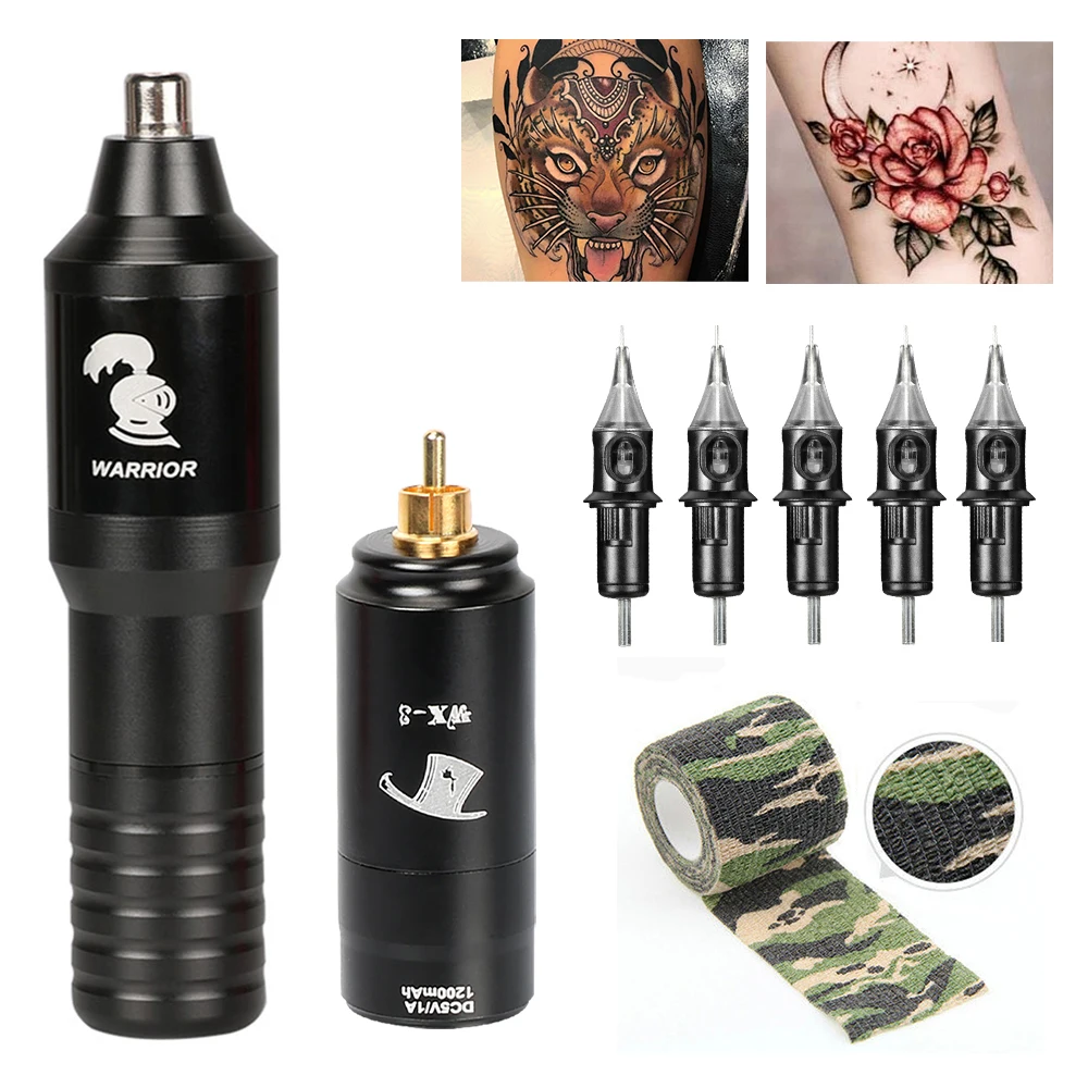 

Professional Tattoo Machine Kit Complete Rotary Tattoo Pen Set 1200MAH Wireless Tattoo Power Supply RCA Jac With Caritdge Needle