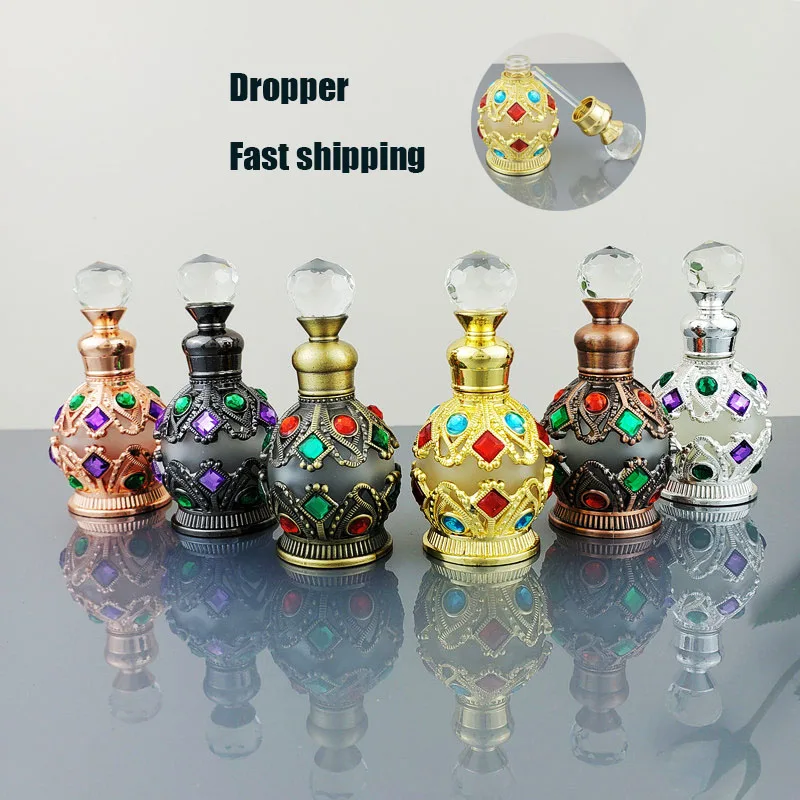 

15ml Luxury Vintage Metal Perfume Bottle Fancy Arab Style Essential Oil Bottles with Glass Dropper Cosmetic Container Decoration