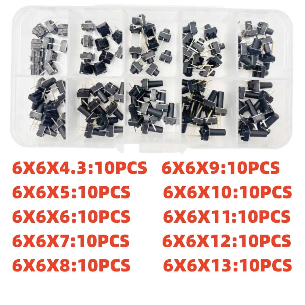 

100 шт., 10 моделей, тактовый переключатель 6*6, тактильный кнопочный переключатель, комплект высоты: 4,3 ~ 13 мм, DIP/SMD, 2-контактный/4-контактный микроклавишный переключатель 6x6x5 мм
