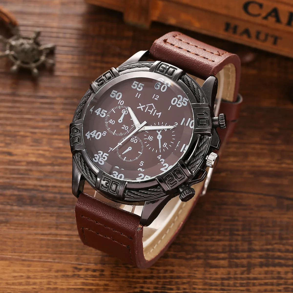 3pcs/set Fashion Casual Business Match Large Dial Belt Quartz Watch Plus Bracelet Set Holiday Birthday Business Gift for Men