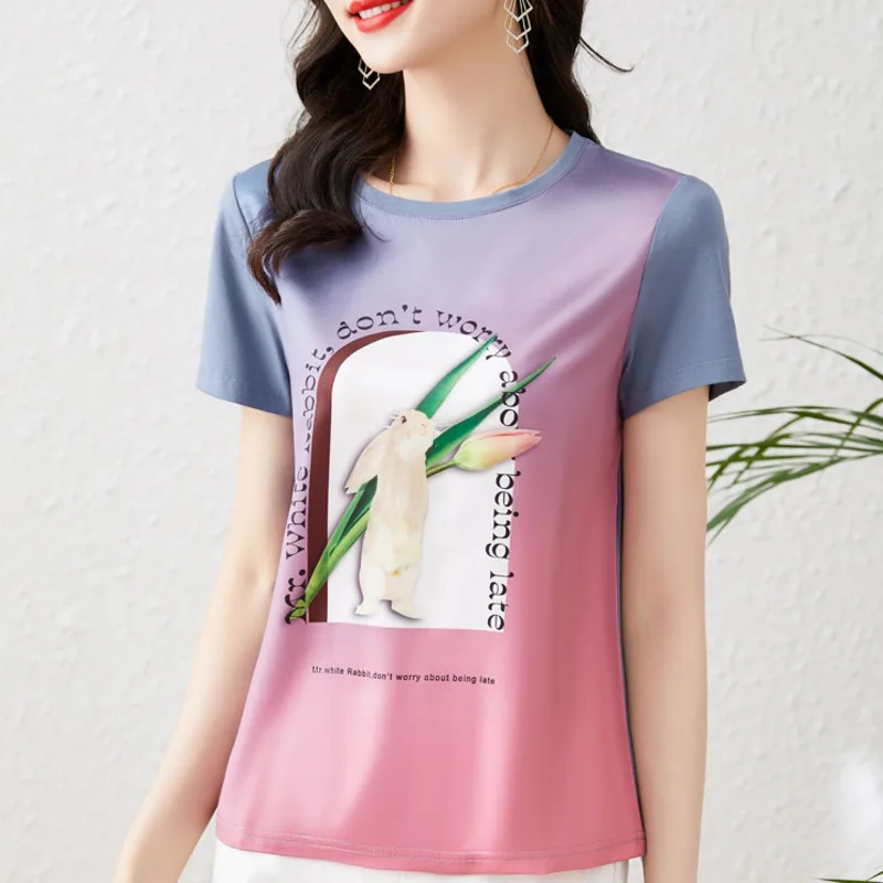 

#1588 3d Printed Satin T Shirt Women Korean Fashion Silk Short Sleeve T Shirt Elegant Office Lady O-neck Women T-shirt Summer