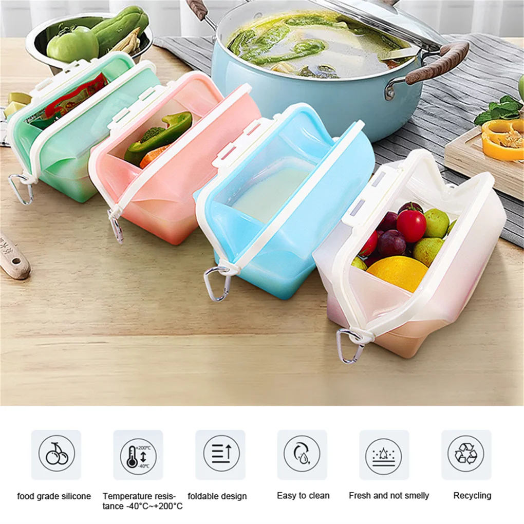 

Kitchen Silicone Reusable Food Storage Bag Container Collapsible Vegetable Fruit Microwave Heating Lunch Holder Pouch Organizer