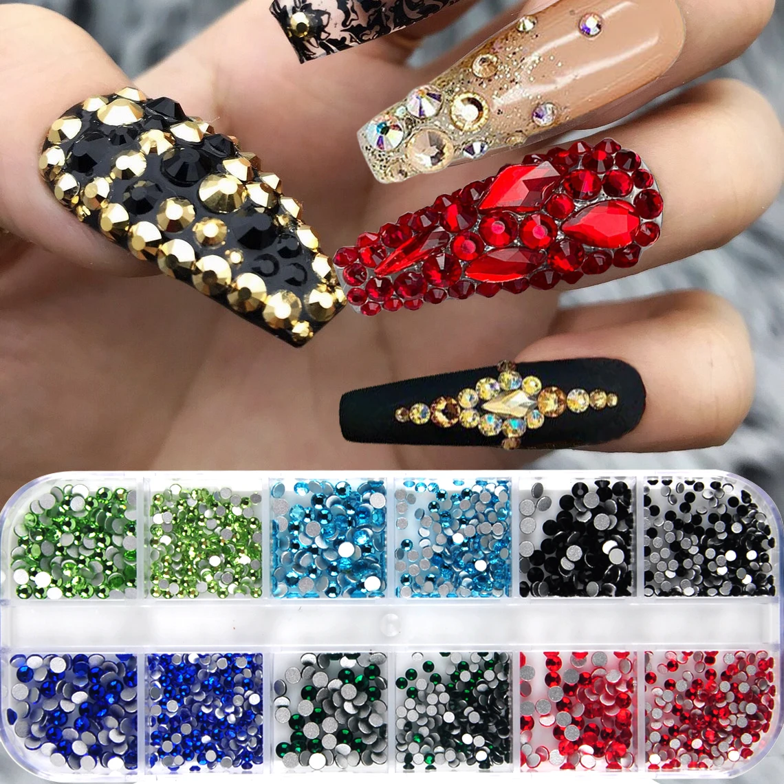 

12 Grids 6 Colors 2 Sizes Rhinestone Diamond Gem 3D Glitter Nail Art Decoration Beauty Glass Crystal 3D Nail Art Rhinestones