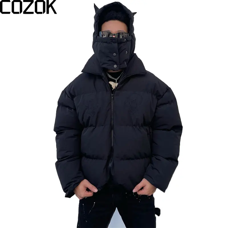 Punk Style Masked Hooded Parkas Men Embroidered Skull Funny Devil Horns Design Padded Jacket Coat Harajuku Winter Outwear 2022