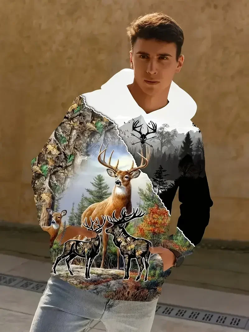 Мужская Осенняя Толстовка С Капюшоном И 3D Принтом Оленя Уличная Одежда Длинными