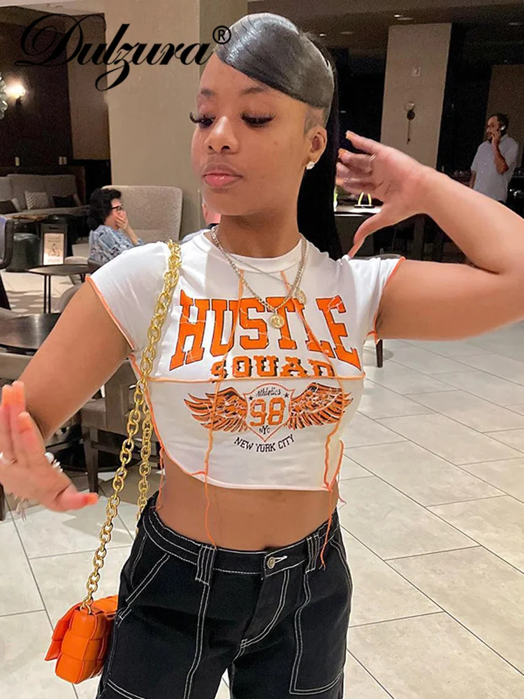 

Dulzura 2022 Летняя женская сексуальная одежда Y2K с буквенным принтом короткий рукав укороченный топ Графический эстетический Отдых футболки ул...