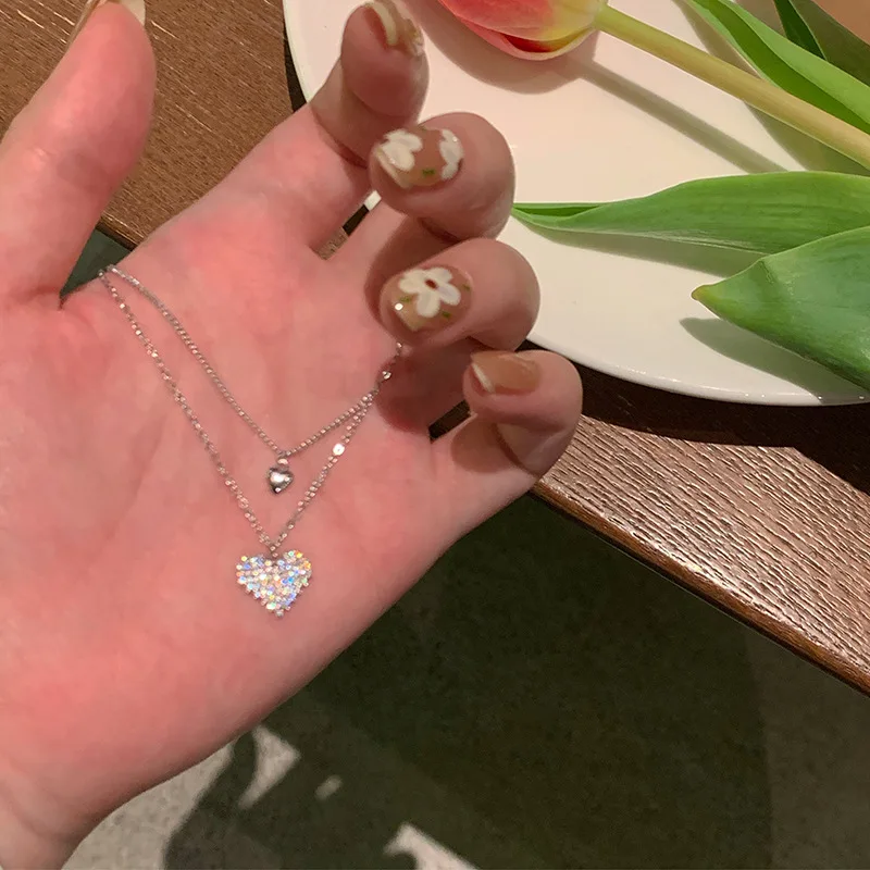 

Silver Double Love Necklace Women's High-end Small Luxury Diamond Heart Pendant Clavicle Chain Necklace 2023 New