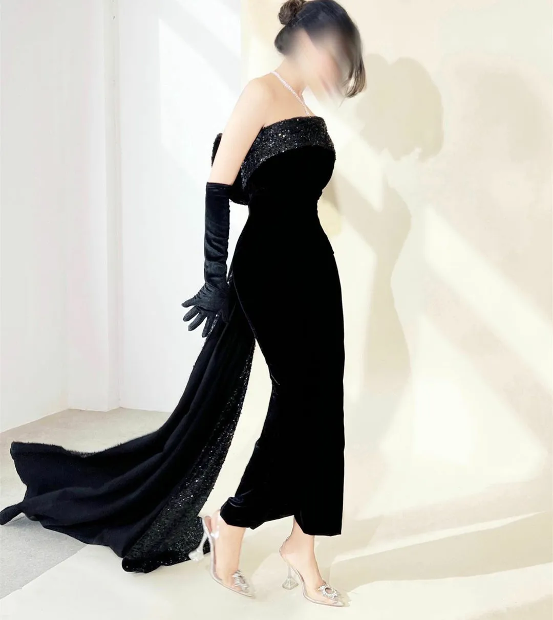 

Винтажное длинное черное бархатное Плиссированное вечернее платье со шлейфом, облегающее платье без бретелек с блестками, мусульманское п...