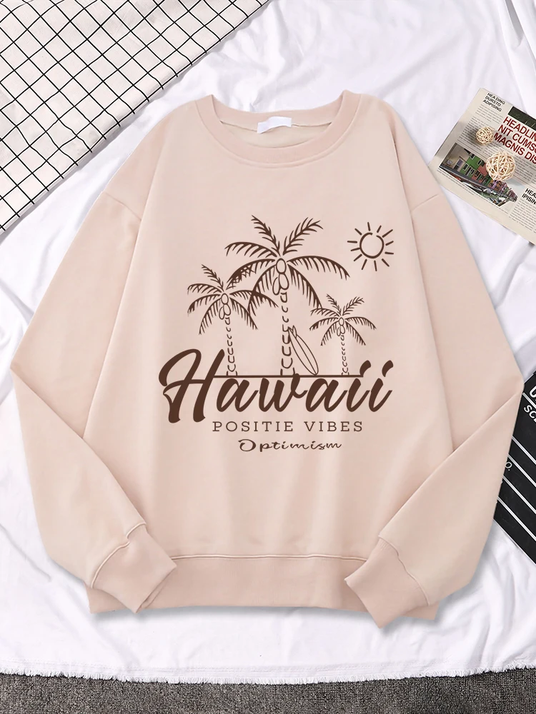 

K-Pop Women Hoody Hawaii Positie Vibes Coconut Tree Beach Print Streetwear O-Neck Soft Sweatshirt Comfortable Women'S Pullover